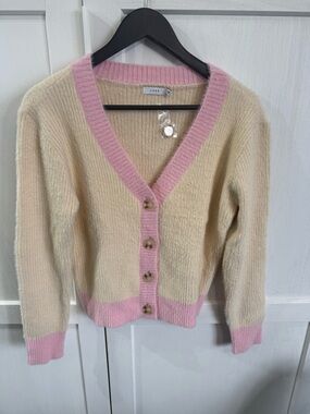 Lush Cream Cardigan with Pink Trim V-Neck Button Front
